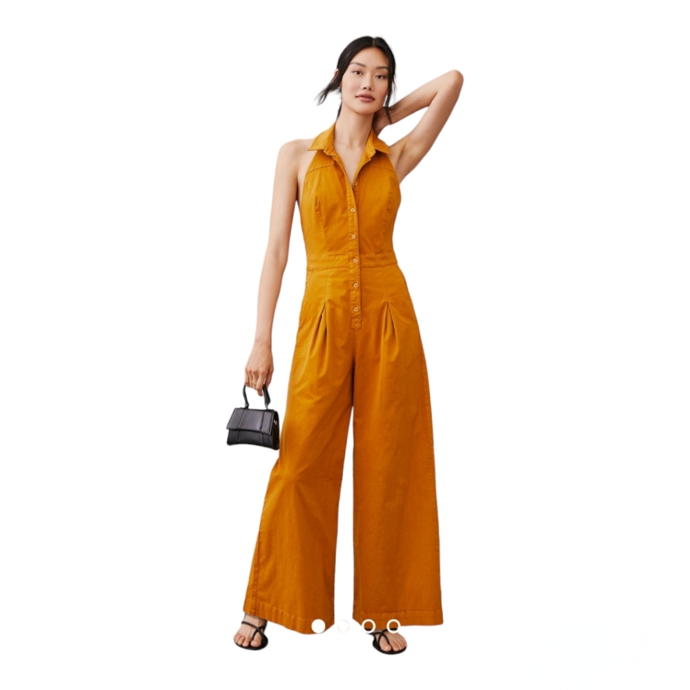 Anthropologie Mustard Halter Wide-Leg Jumpsuit